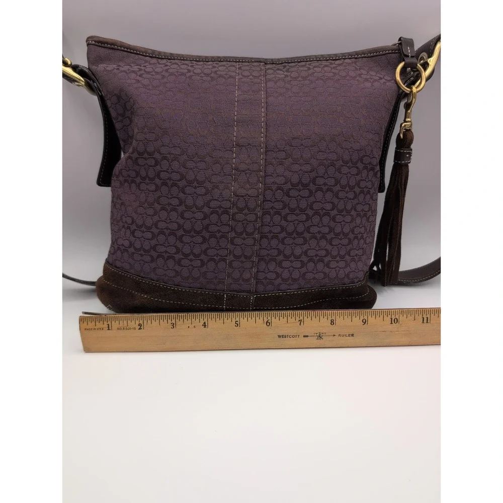 Vtg COACH F10417 Signature Jacquard Purple Plum Crossbody Bag Brown Suede Y2K